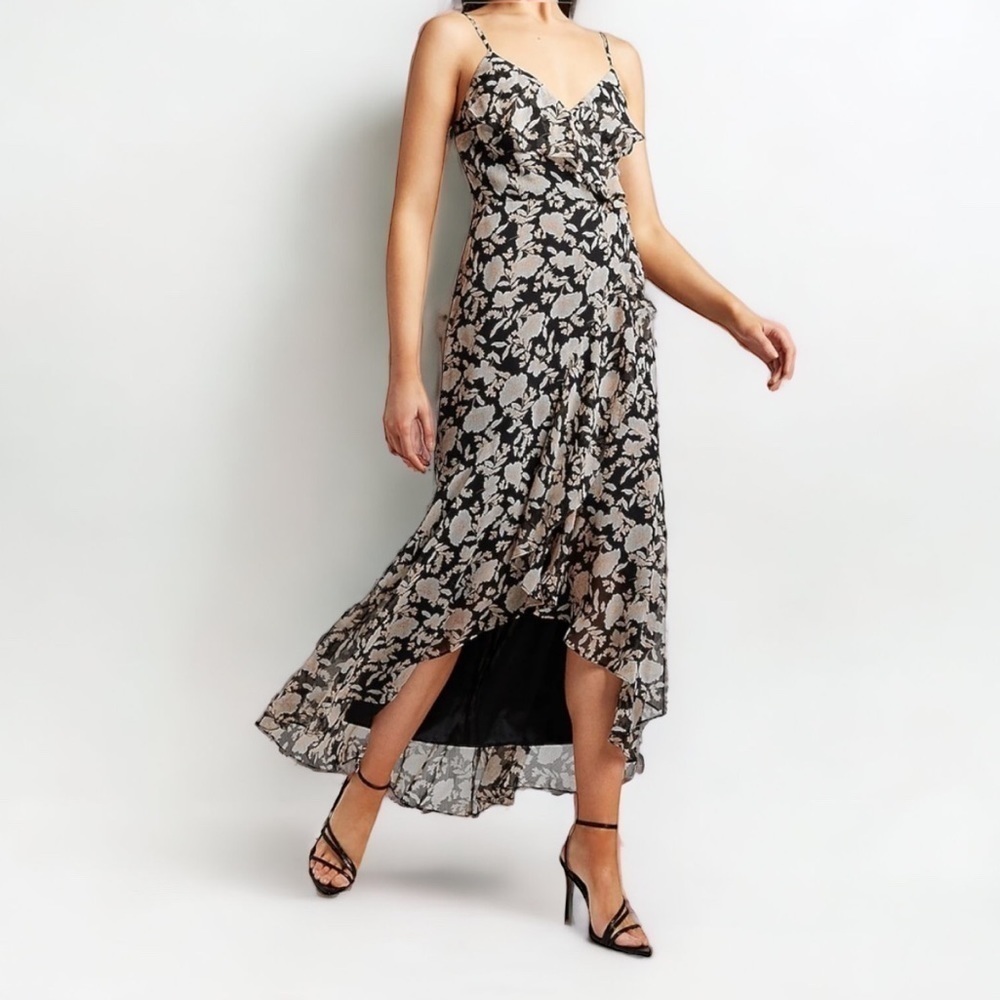 • Express • Floral Ruffle Wrap Front Maxi Dress in Black Print